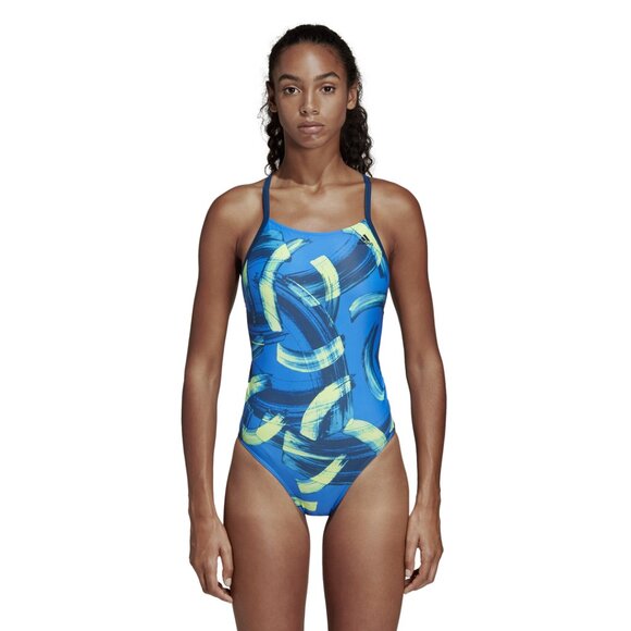 Adidas womens 34" Parley Beach Swimsuit Blue/Hi-Res Yellow DQ3327 - Picture 2 of 7